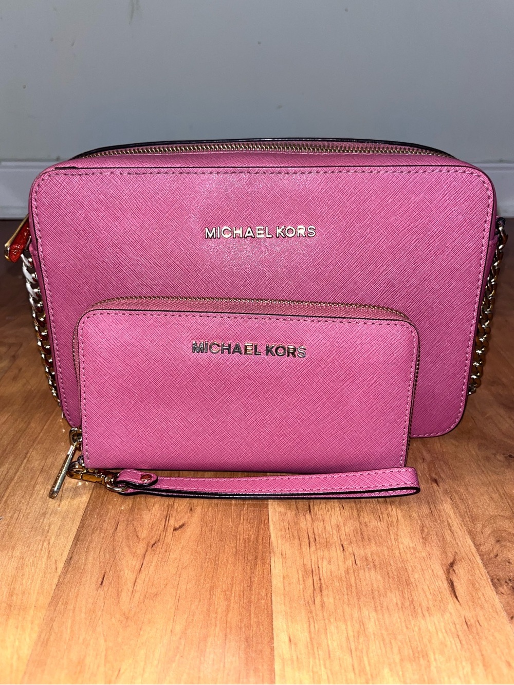 Michael Kors Pink Saffiano Leather Crossbody with Matching Wristlet